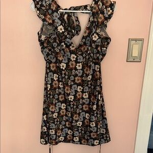 Altar'd State Black Floral Ruffle V-Neck Mini Dress